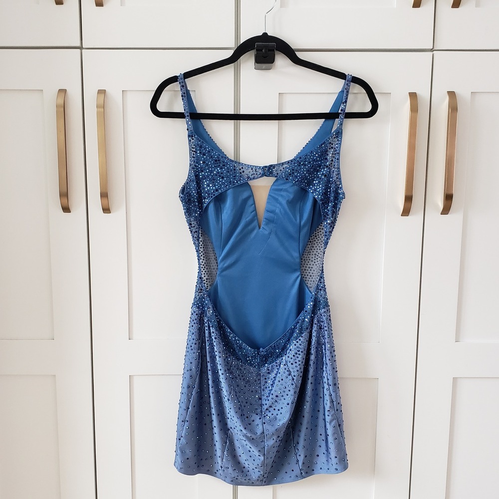 Faviana Dress Womens 6 Blue‎ Short Backless Mini Rhinestone Beaded Prom